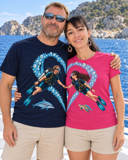 T-shirt plongée St Valentin, un cœur : plongeuse brune