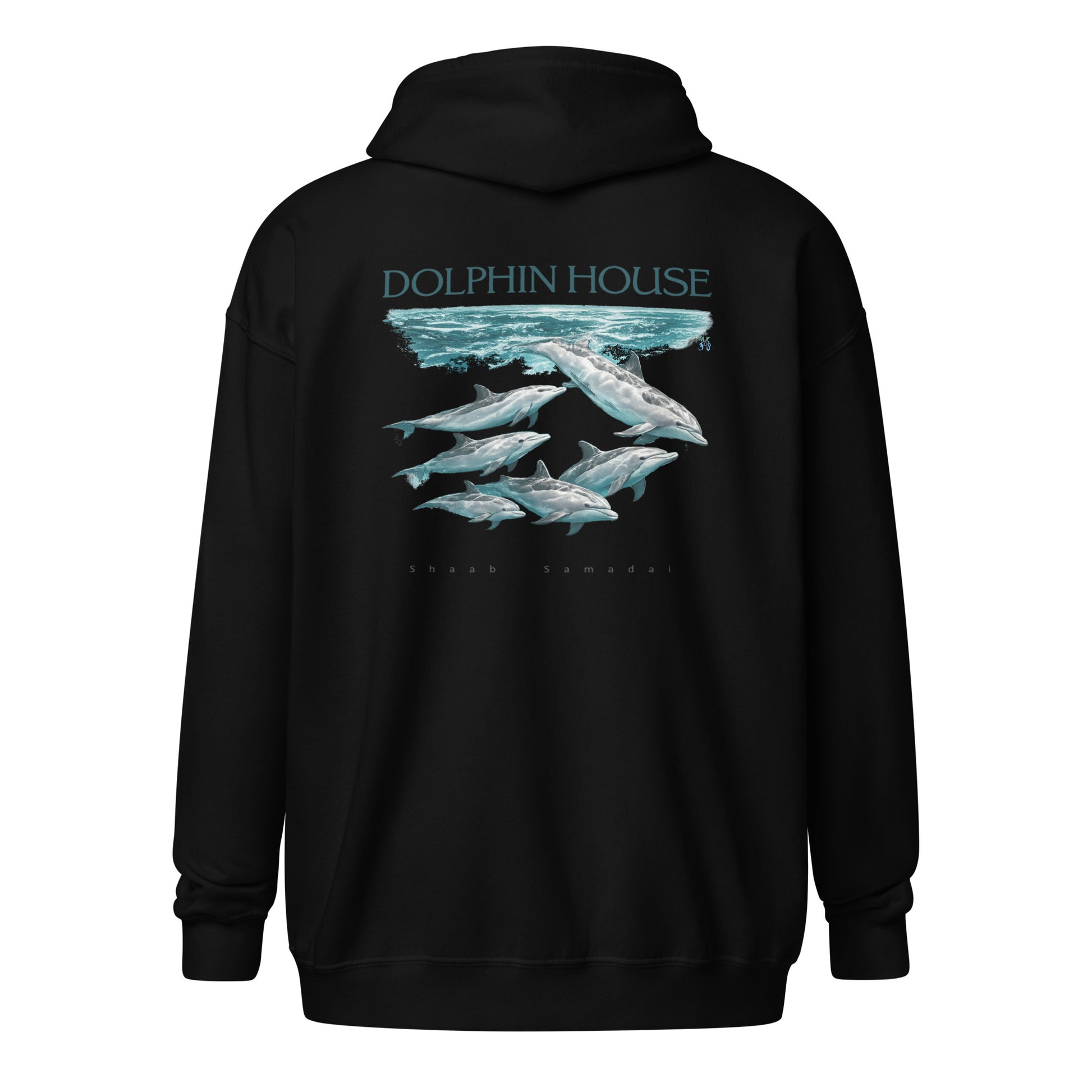 Sweat à capuche noir épais unisexe à fermeture éclair MacJos dauphins Mer Rouge