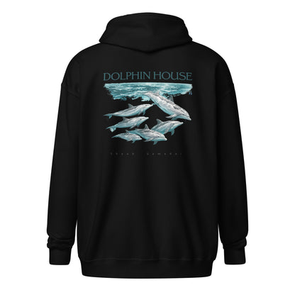 Sweat à capuche noir épais unisexe à fermeture éclair MacJos dauphins Mer Rouge