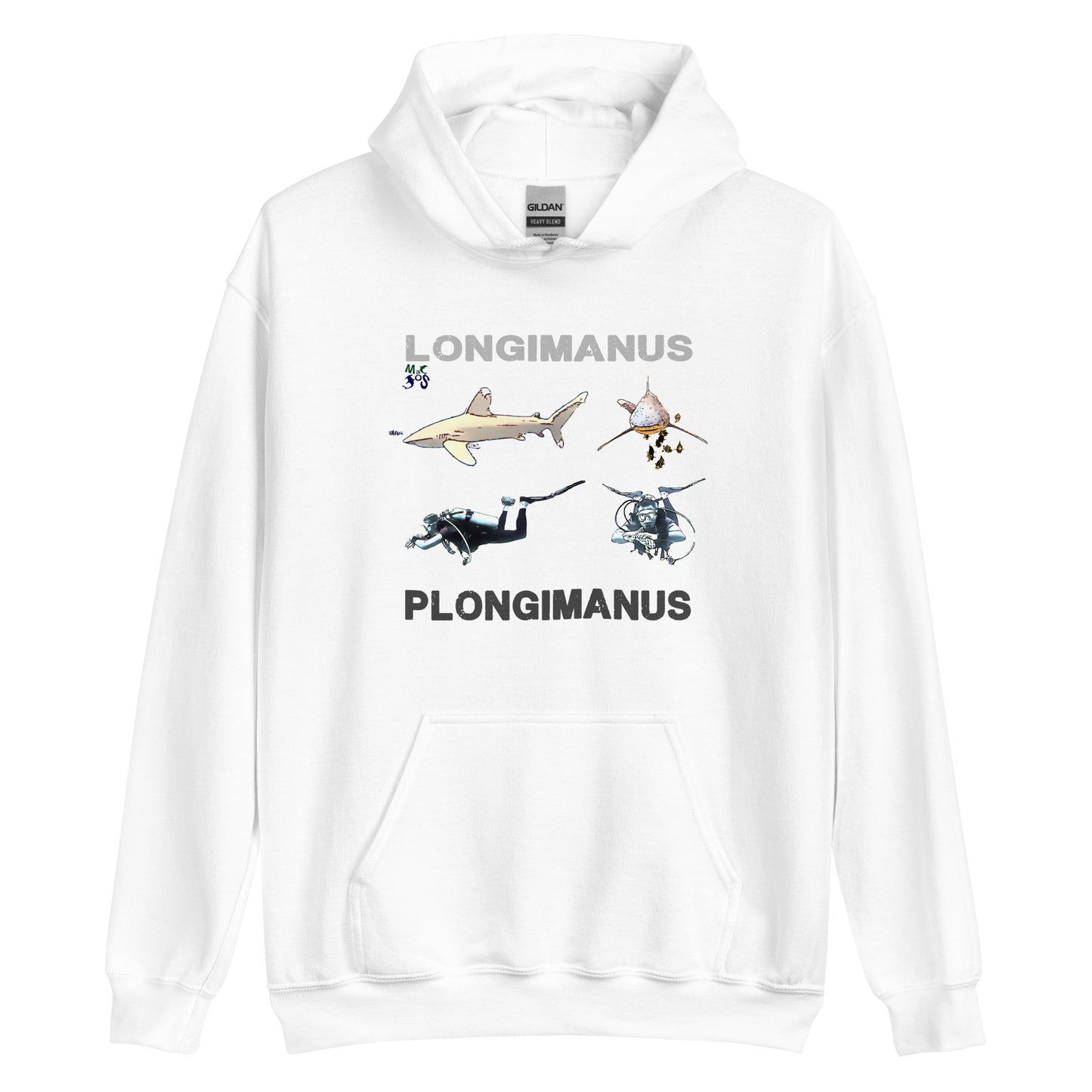 sweat a capuche blanc MacJos plongée Requin LONGIMANUS  PLONGIMANUS